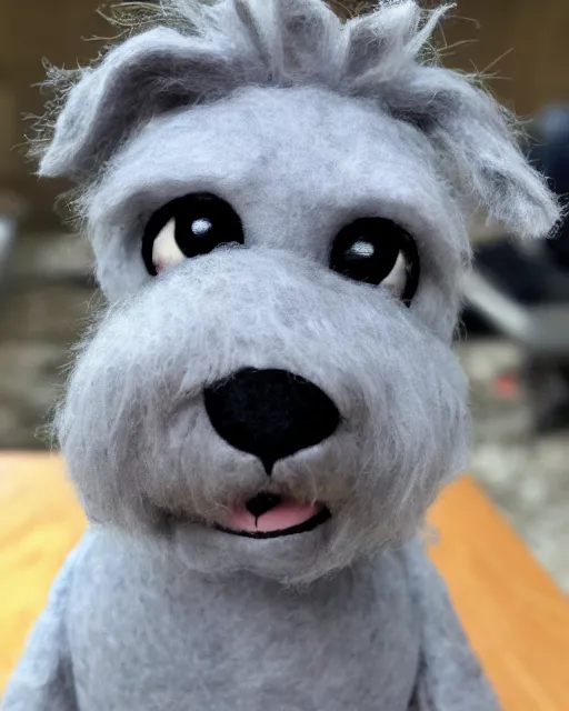 Image similar to a gray schnauzer dog as a muppet. highly detailed felt. hyper real photo. 4 k.