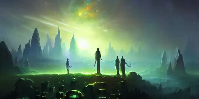 Image similar to a fleet of giant glowing futuristic cubes in the sky, a fantasy magical landscape seen in the distance, atmospheric lighting, intricate, volumetric lighting, beautiful, sharp focus, ultra detailed, in the art style of marc simonetti, bowater charlie and brom gerald, astrophotography