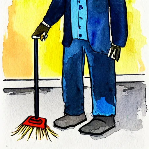 Image similar to a computer janitor depressed and miserable turning the gun upon himself, dark, watercolor