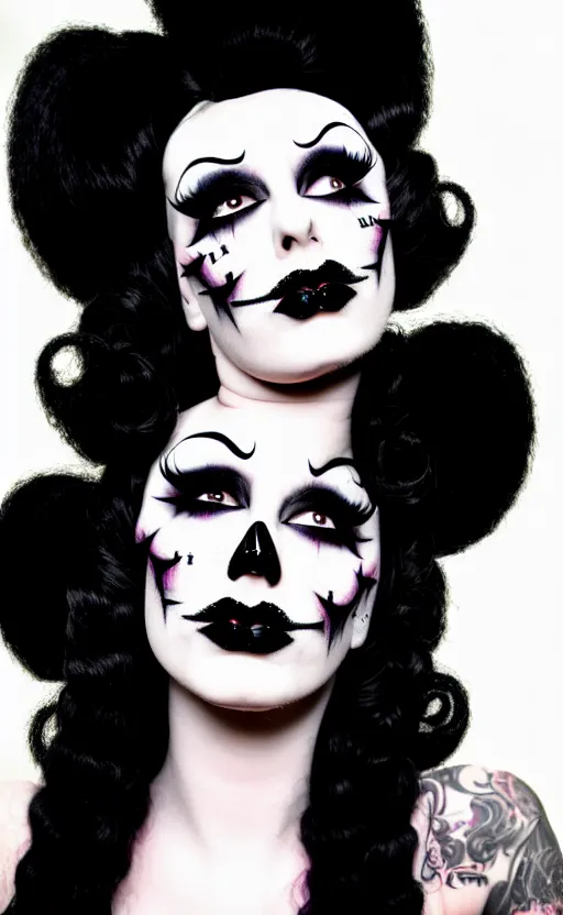 Prompt: looking up at a goth girl with a detailed face and black hair, burlesque psychobilly, rockabilly, punk,