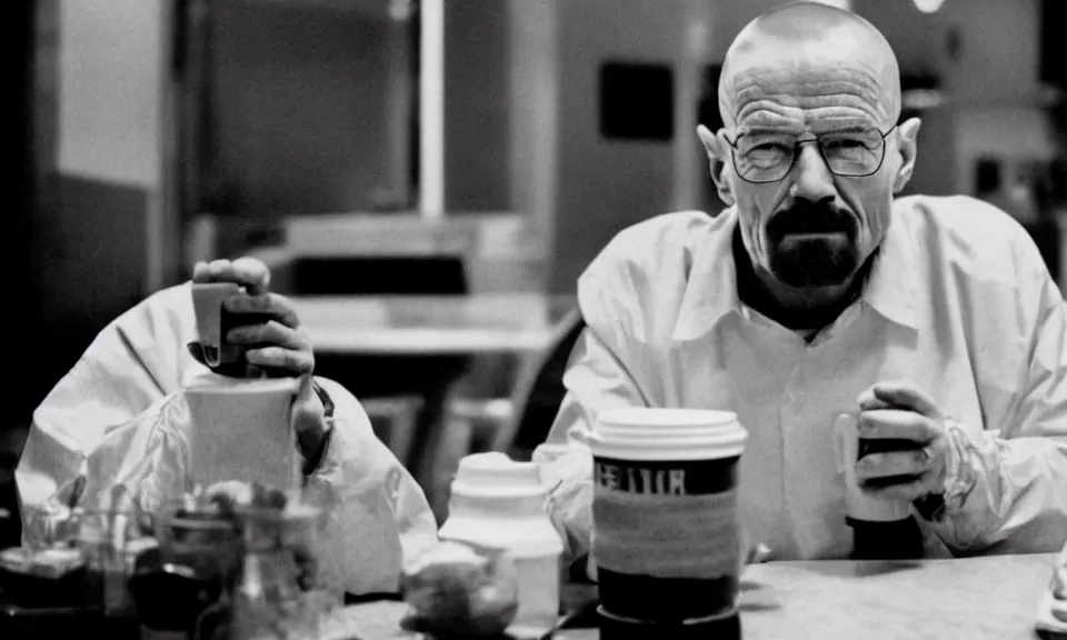 Image similar to 3 5 mm film still, walter white having a coffee break in space