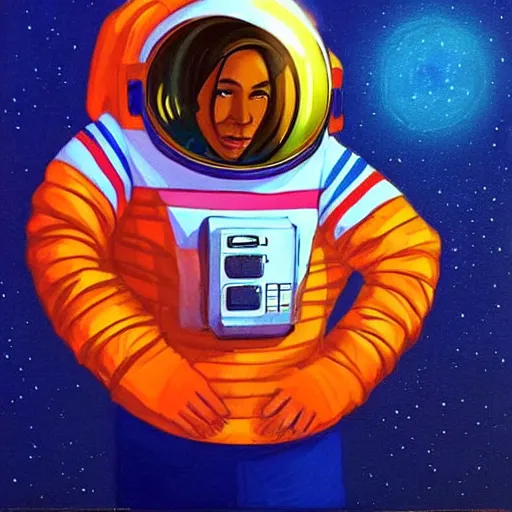 Image similar to An astronaut wearing an orange NASA space suit, art by cornelius dämmrich, trending on ,