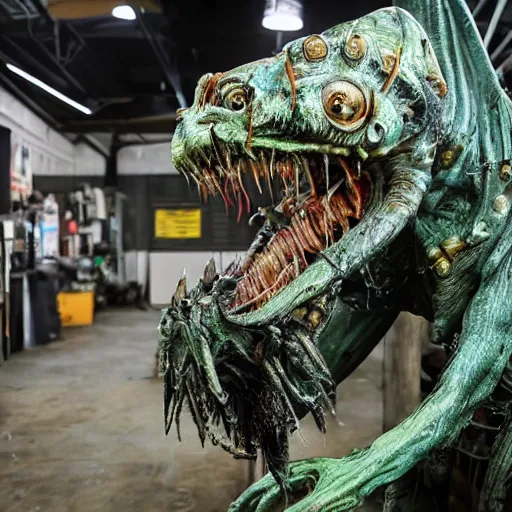 Image similar to photo taken of an epic intricate, ultra detailed, super realistic gritty, hero prop, exquisitely painted animatronic movie prop of a grotesque wet, slimy nightmarish hellish alien creature displayed in the workshop, created by weta workshop, full body shot, photorealistic, sharp focus