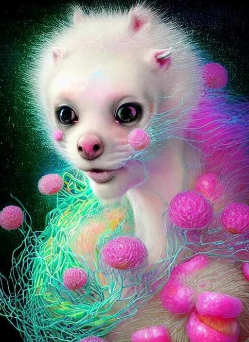 Image similar to hyper detailed 3d render like a Oil painting - kawaii portrait Aurora (white haired Singer Ferret) seen Eating of the Strangling network of yellowcake aerochrome and milky Fruit and Her delicate Hands hold of gossamer polyp blossoms bring iridescent fungal flowers whose spores black the foolish stars by Jacek Yerka, Mariusz Lewandowski, Houdini algorithmic generative render, Abstract brush strokes, Masterpiece, Edward Hopper and James Gilleard, Zdzislaw Beksinski, Mark Ryden, Wolfgang Lettl, hints of Yayoi Kasuma, octane render, 8k