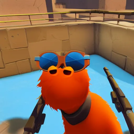 Prompt: bip bippadotta in team fortress 2, orange fuzzy muppet, screenshot, wearing sunglasses