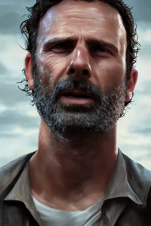 Image similar to portrait art of rick grimes 8 k ultra realistic, digital art, character portrait, highly detailed, trending on artstation, lens flare, atmosphere, hyper realistic, cinematic lightning, sharp focus, unreal engine 5, extreme details perfect face, pretty face, fine - face, illustration, 8 k, ultra texture, masterpiece