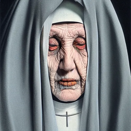 Image similar to portrait of a scary nun by Zdzisław Beksiński, irwin penn, realistic, digital art, unreal engine