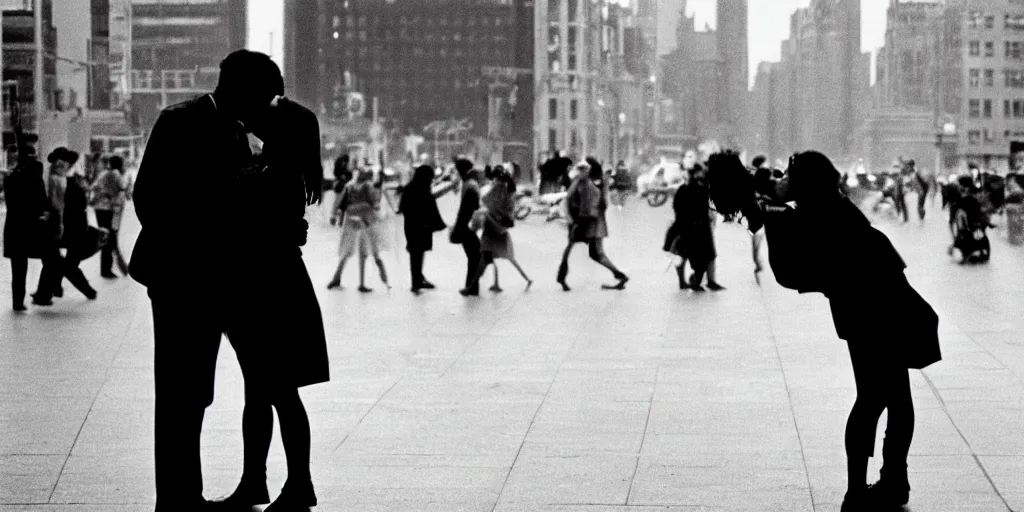 Image similar to street photo, blurred man and woman kissing, protests on the background, film photography, exposed b & w photography, christopher morris photography, bruce davidson photography, peter marlow photography