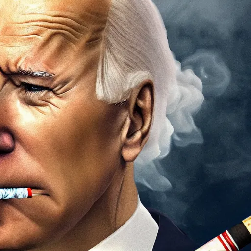 Image similar to joe biden smoking a giant rolled joint, smoke, amazing detail, realistic digital art, artstation