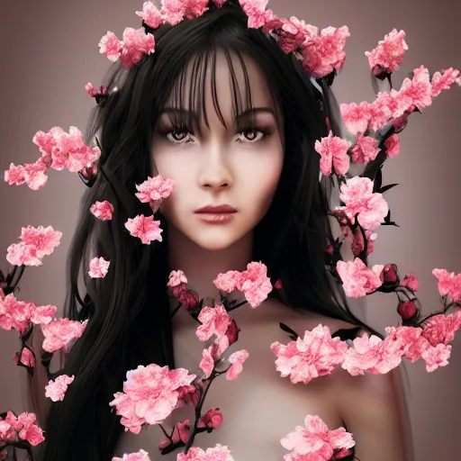 Image similar to beautiful girl in a dress made of black roses and cherry blossoms, beautiful portrait, symmetrical, character concept style trending on artstation concept art detailed octane render cinematic photo - realistic 8 k high detailed