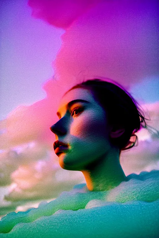 Image similar to high quality pastel coloured film close up wide angle photograph of a model wearing clothing swimming on cloud furniture in a icelandic black rock!! environment in a partially haze filled dreamstate world. three point light, rainbow. photographic production. art directed. pastel colours. volumetric clouds. pastel gradient overlay. waves glitch artefacts. extreme facial clarity. 8 k. filmic.