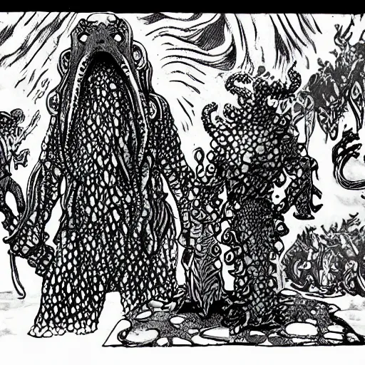 Prompt: Fishmen worship a statue of Cthulu in a dark cave. D&D. Pen and ink. Black and white. Mike Mignola, Erol Otus, Larry Elmore.