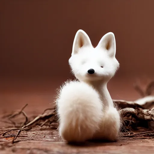 Prompt: medium - shot of a wooden handmade application simple doll of a white fox, highly detailed, sharp focus, promo photo, by shaun tan,