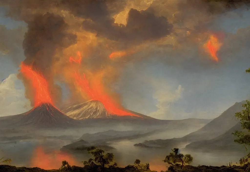 Image similar to a beautiful painting of a volcano oozing lava, pyroclastic clouds forming from the mouth of the volcano with lightning inside, in the background there are other mountains and a thick forest, there's a lake in the foreground with lush vegetation by albert bierstadt, high resolution, excellent contrast, morning