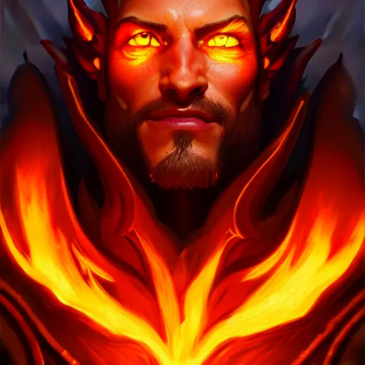 Prompt: a head and shoulder portrait of a male burning ifrit fire elf, front full view, artstation, orthographic, hd, 8 k, pathfinder, d & d artwork, character commission, sharp high quality artwork by greg rutkowski, concept art, blizzard warcraft artwork, hearthstone card artwork