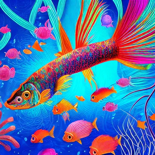 Prompt: coral underwater colorful, fantasy, intricate, highly detailed, little fish and sea life digital painting, hd, trending on artstation, illustration, fine lines, sharp edges, colourful, siamese fighting fish