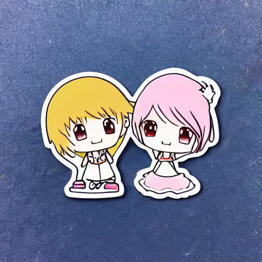 Prompt: die cut sticker of anime chibi kawaii cute boy and girl on beach vacation