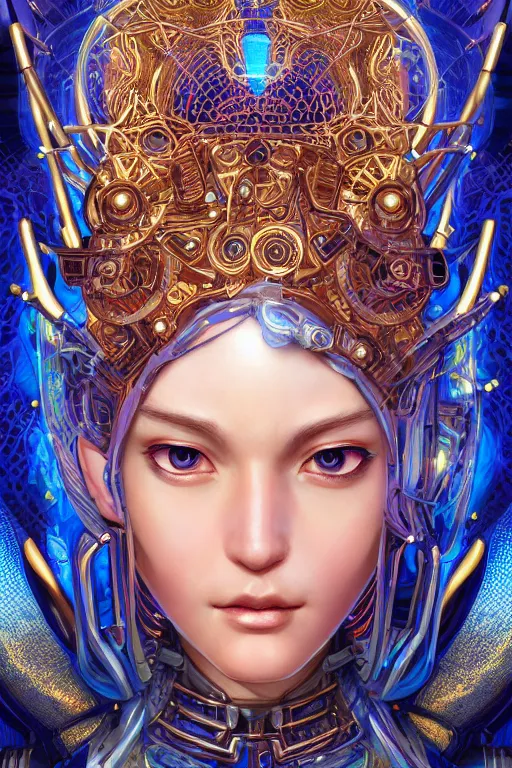 Image similar to Portrait of a psychedelic sci-fi goddess, third person, D&D, sci-fi fantasy, intricate, blue and gold, highly detailed , art by Range Murata, highly detailed, 3d, octane render, bright colors, digital painting, trending on artstation, sharp focus, illustration style of Stanley Artgerm,