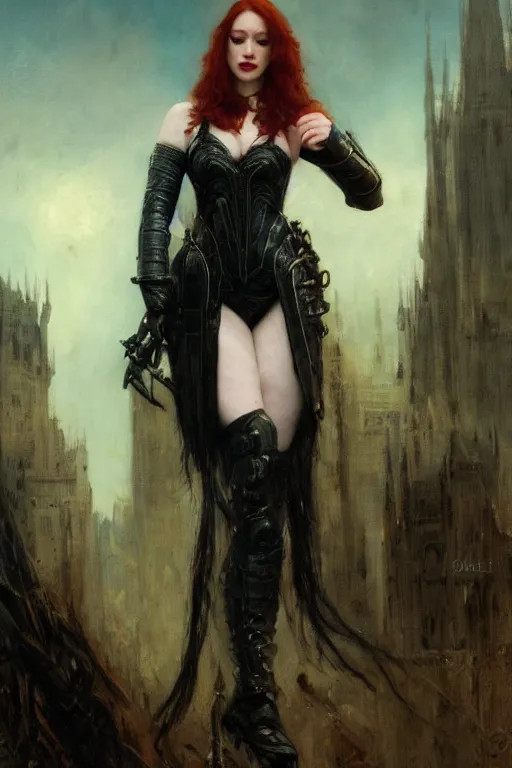 Image similar to short muscular redhead kat dennings wearing black medieval armour, bare legs, detailed, by gaston bussiere, bayard wu, greg rutkowski, giger, maxim verehin, greg rutkowski, masterpiece, sharp focus, cinematic lightning