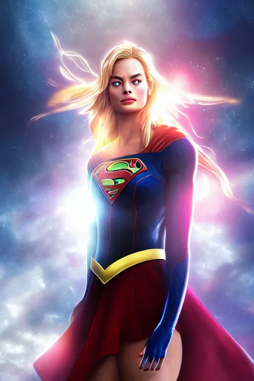 Image similar to majestic and anime key visual margot robbie female supergirl, dc universe, perfect face, beautiful, intricate, epic, elegant, fantasy, highly detailed, digital painting, hard focus, beautiful volumetric lighting, epic light, ultra detailed, by leesha hannigan, ross tran, thierry doizon, kai carpenter, ignacio fernandez rios