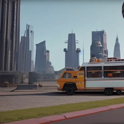 Image similar to a promotional movie still of a futuristic food truck. the truck is hovering high in the air next to a tall impressive looking building. fifth element ( 1 9 9 7 ), unreal engine 5, octane 3 d, render, imax 7 0 mm