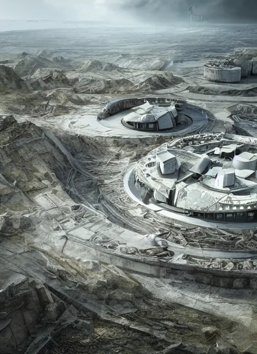 Prompt: techno chuquicamata bioremediation white mining tailing futuristic horizontal } architecture, epic, cinematic, hyperealistic, high detailed, corona render, hdr, ray tracing