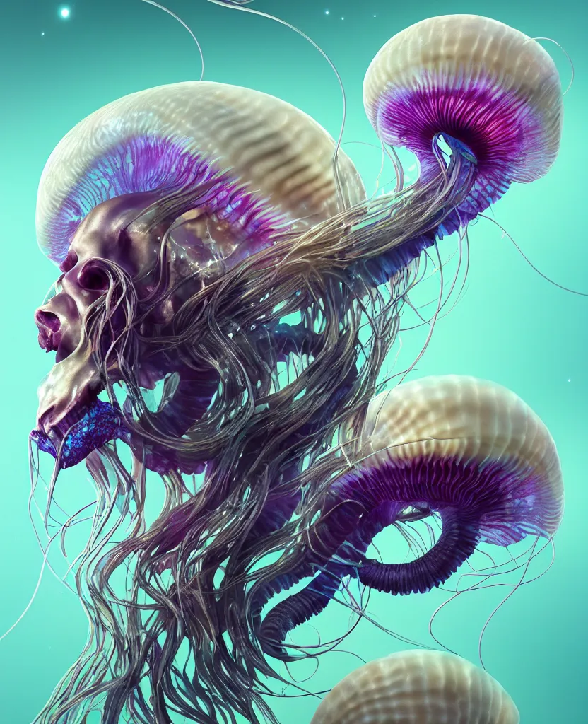 Image similar to goddess close-up portrait ram skull. jellyfish phoenix head, nautilus, orchid, ram skull, betta fish, bioluminiscent creatures, intricate artwork by Tooth Wu and wlop and beeple. octane render, trending on artstation, greg rutkowski very coherent symmetrical artwork. cinematic, hyper realism, high detail, octane render, 8k