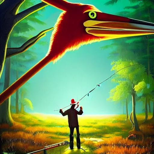Prompt: an acrylic painting of a giant stork on a fishing pole on a wizard in the woods by a demon tree,, poster art by rhads, behance contest winner, psychedelic art, cosmic background