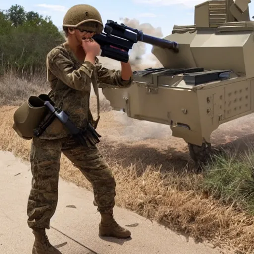 Prompt: zendaya in combat gear firing mortar launcher