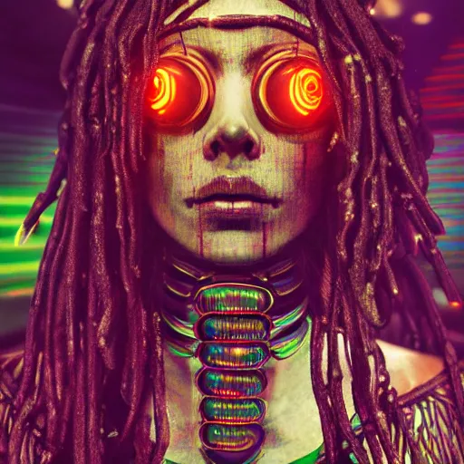 Image similar to Cyberpunk rasta woman, dark atmosphere, cinematic shot, intricate, ornate, photorealistic, ultra detailed, realistic, 35mm, photography, neon, octane, high definition, depth of field, bokeh, 8k, artstation, (alphonse mucha), (hr giger)