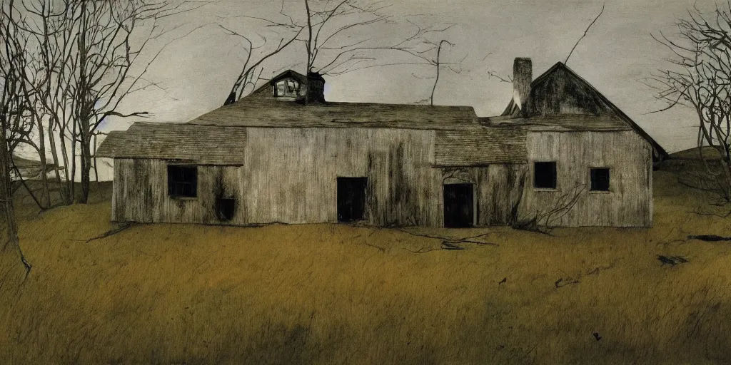 Image similar to a lonely house, painting by Andrew Wyeth