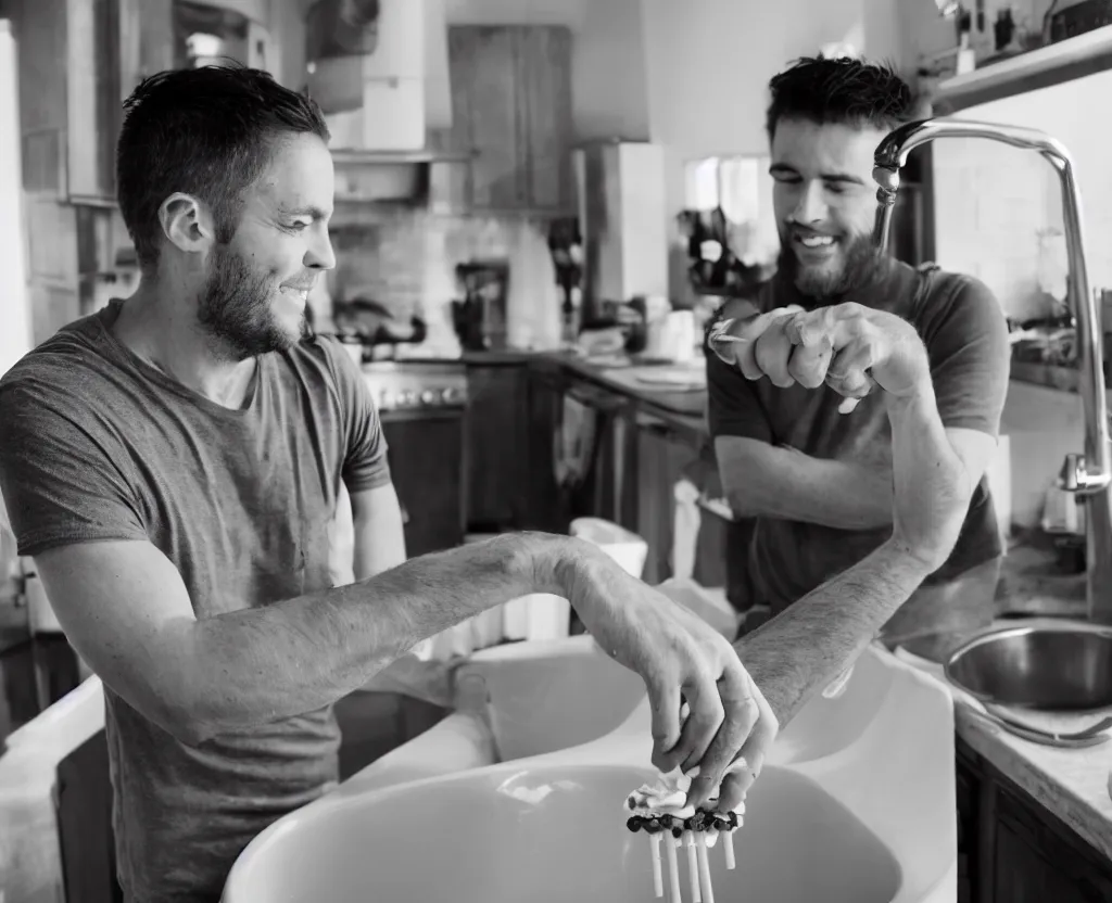 Image similar to first person point of view of a man holding a tooth brush in front of kitchen sink