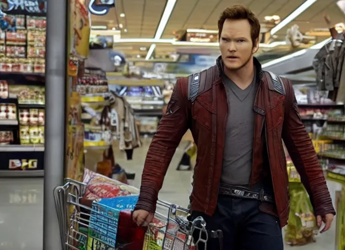 Image similar to film still of star - lord played by chris pratt shopping in a supermarket in the new guardians of the galaxy movie, 4 k, 8 k, photorealistic, highly detailed face and eyes