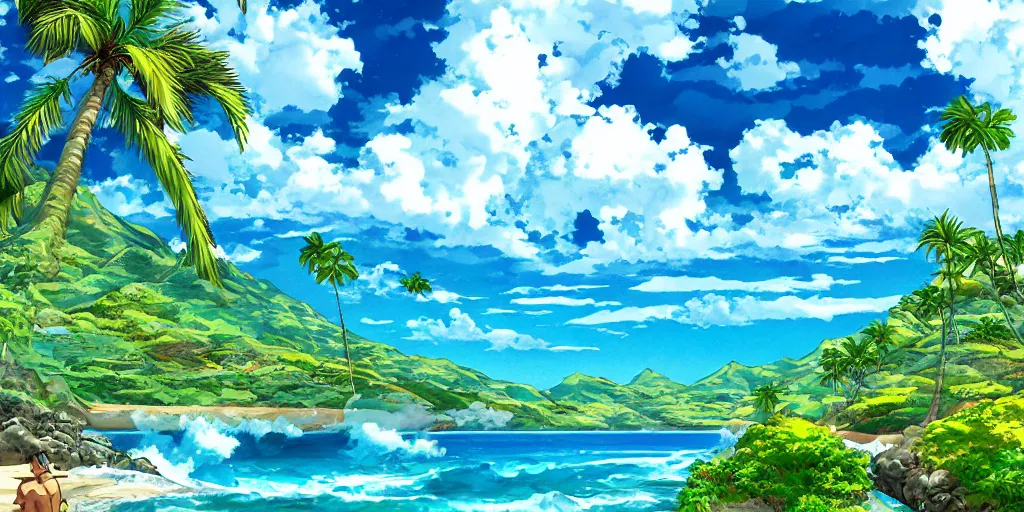 Image similar to detailed anime illustration of a beautiful hawaii landscape, ocean lagoon, breathtaking clouds by makoto shinka