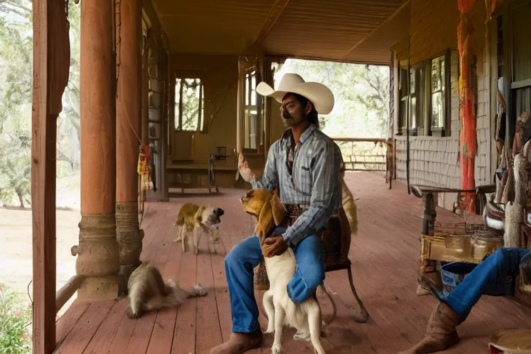 Image similar to Indian cowboy on the country western porch with his golden retriever cinematography by Steven Spielberg