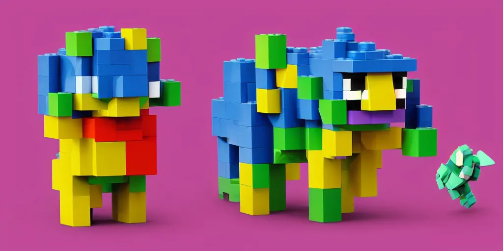 Image similar to tiny creature made of one brick, big round cute eyes, quadrupedal, cute looking, blocky shape, kawaii, sharp focus, character, game concept art, blocky, lego mixels, flat toon style like katamari damacy inspired, pokemon inspired, promotional poster art, high quality voxel render