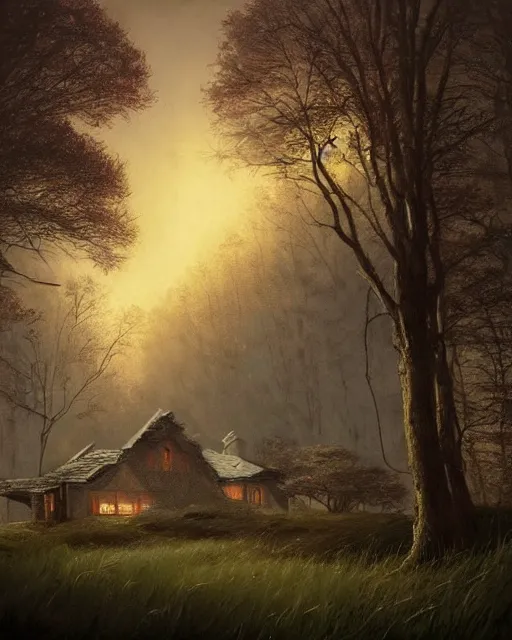 Image similar to a highly detailed epic cinematic concept art CG render digital painting artwork: Lone house in the woods at night. By Greg Rutkowski, in the style of Francis Bacon and Syd Mead and Norman Rockwell and Beksinski, open ceiling, highly detailed, painted by Francis Bacon and Edward Hopper, painted by James Gilleard, surrealism, airbrush, Ilya Kuvshinov, WLOP, Stanley Artgerm, very coherent, triadic color scheme, art by Takato Yamamoto and James Jean