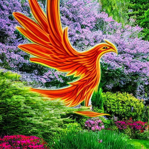 Image similar to a realistic depiction of a phoenix if it existed in real life inside a beautiful cottagecore styled garden outside the home of a rich king, national geographic, photography, high resolution