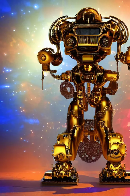 Image similar to portrait photo of a giant huge golden and blue metal steampunk robot with gears and tubes, robot is a vaccuumcleaner, on the wet floor are mop and bucket, eyes are glowing red lightbulbs, shiny crisp finish, 3 d render, 8 k, insaneley detailed, fluorescent colors, background is multicolored lasershow