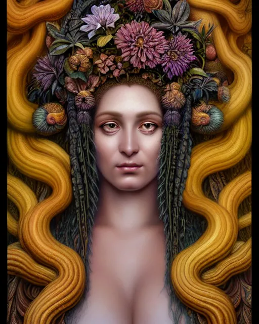 Image similar to portrait of the goddess of growth and decay, unusual beauty, flowers and plants, emotionally evoking symbolic metaphors, head in focus, fantasy, ornamental, intricate, elegant, sensual, highly detailed digital painting, artstation, concept art, painterly, golden ratio, sharp focus, illustration, art by John William Godward and Boris Vallejo and Zdzisław Beksiński,