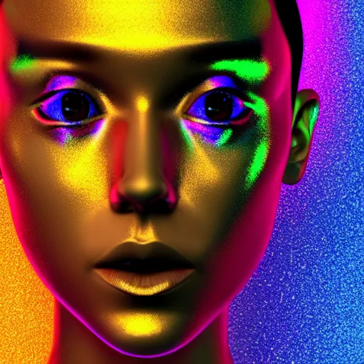 Image similar to 3d render of holographic human robotic head made of glossy iridescent, surrealistic 3d illustration of a human face non-binary, non binary model, 3d model human, cryengine, made of holographic texture, holographic material, holographic rainbow, concept of cyborg and artificial intelligence