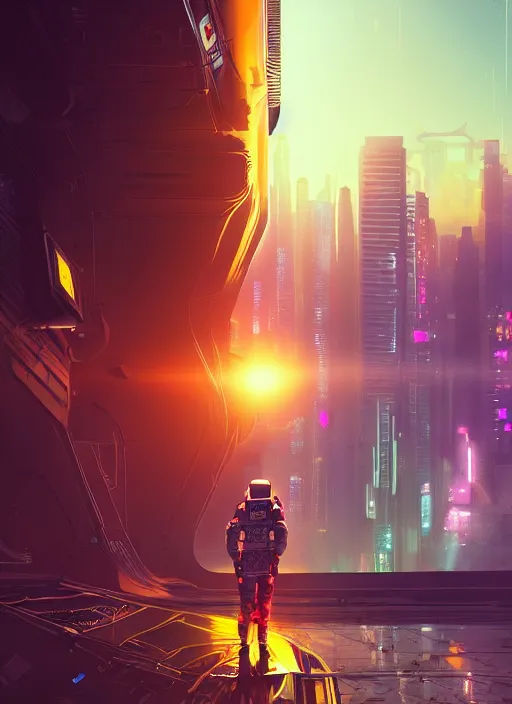 Prompt: An aesthetic Astronaut in a cyberpunk city during a sunset , extremely detailed digital painting, mystical colors, rim light, beautiful Lighting, 8k, stunning scene, raytracing