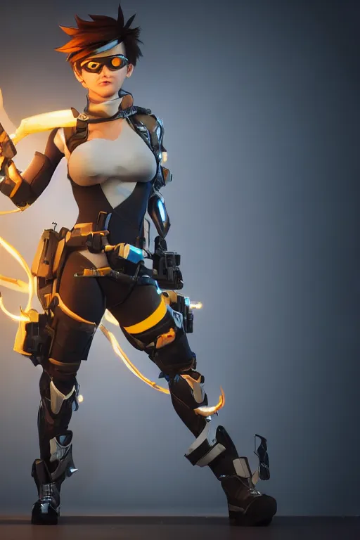 Image similar to tracer from overwatch doing a pin up pose, dark room, cinematic, volumetric lighting, hyperdetailed photograph