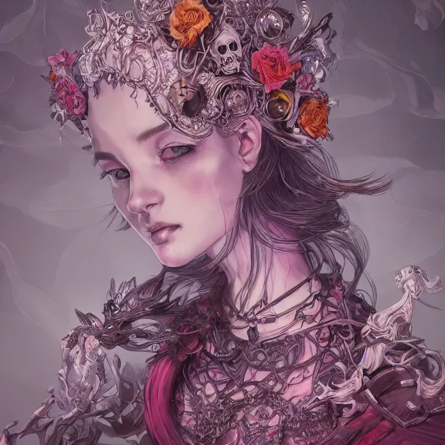 Prompt: the portrait of chaotic evil female necromancer mastermind as absurdly beautiful, gorgeous, elegant, cute young girl, an ultrafine hyperdetailed illustration by kim jung gi, irakli nadar, intricate linework, bright colors, octopath traveler, final fantasy, unreal engine 5 highly rendered, global illumination, radiant light, detailed and intricate environment