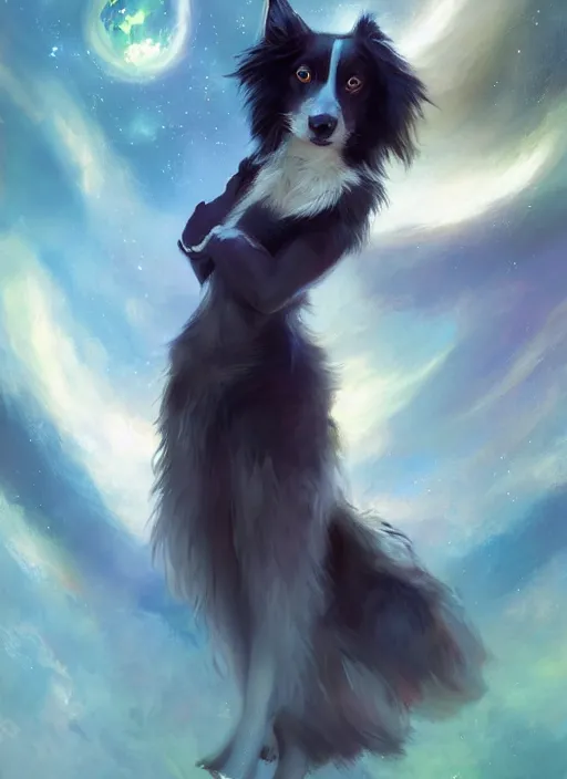 Image similar to beautiful wide angle full body portrait of a cute male anthropomorphic anthro border collie fursona wearing an evening gown in outer space, character design by charlie bowater, henry asencio, and ross tran, scenic background, detailed, glamor pose, aesthetic, furry, trending on artstation, furaffinity, deviantart