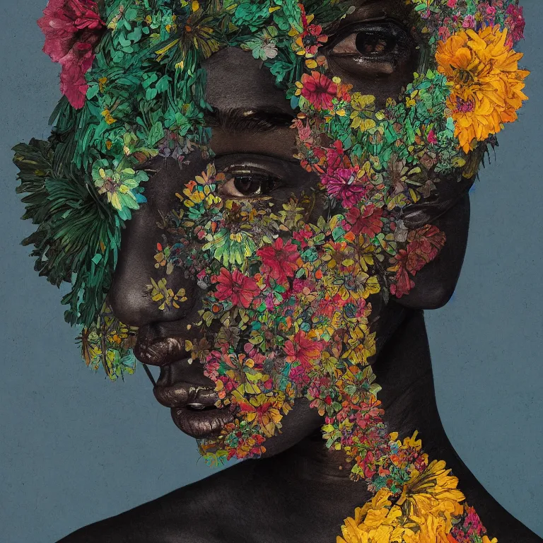 Prompt: beautiful symmetrical portrait of a flower head black woman, her skin made with colorful mixed media collage patterns, by picasso and greg rutkowski, hyper detailed painting, intricate detail, surreal, 8 k,