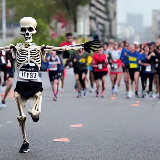 Prompt: A skeleton winning a marathon