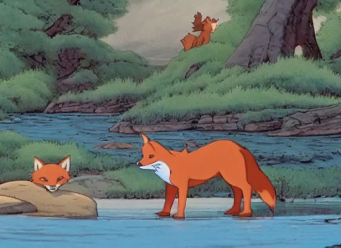Image similar to sunningrocks by the river's shore, still frame from the fox and the hound ( 1 9 8 1 )