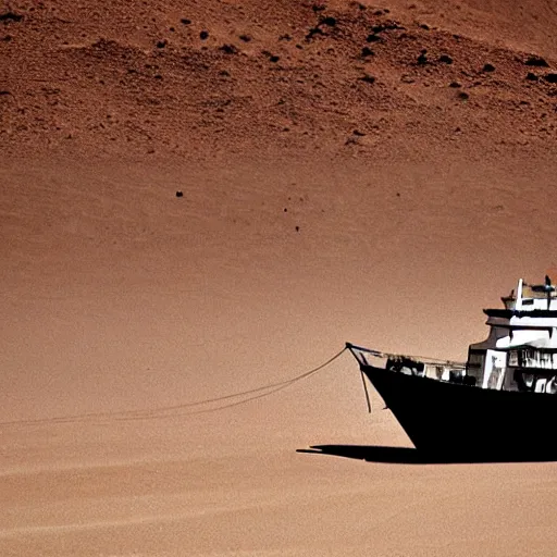 Prompt: a ship in the middle of the desert, sand storm.