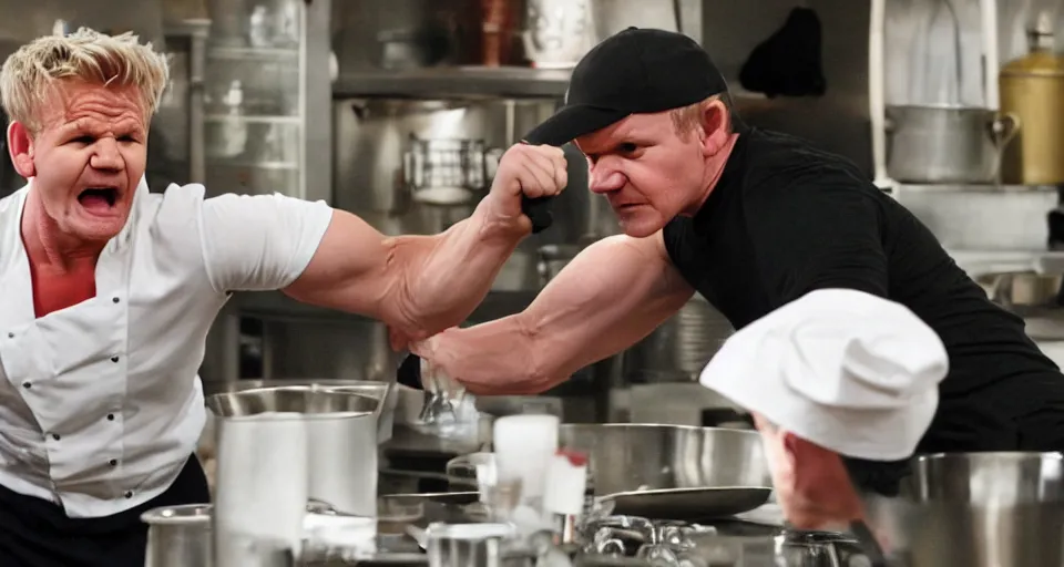 Image similar to photo of angry furious Gordon Ramsay punching Gordon Ramsay at the kitchen